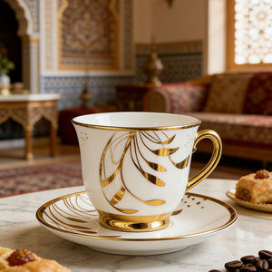 Service à thé en céramique décoré plaqué or de luxe, fabriqué en Jordanie, tasses à café turques en porcelaine fine avec soucoupes pour café et mariage - Product Image 2