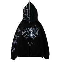 Sudadera con capucha y cremallera completa para hombre, oversize, negra, con bordado 3D, lavado ácido, pedrería y detalles de tela, estilo streetwear gótico Y2K, de invierno, con bolsillo y diseño de araña