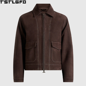 Oem Odm <b>Suede</b> Contrast Stitch <b>Jacket</b> <b>Men</b> Dark Brown Two Way Zipper Windbreaker Streetwear Outerwear Manufacturers Bulk - Product Image 3