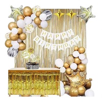 Dekorasi Pesta Ulang Tahun, Latar Belakang Acara, Tirai Foil Tinsel dan Bendera Selamat Ulang Tahun, Balon Lateks Putih Krom Emas