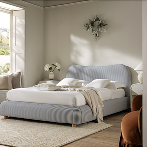 Frans landelijk gestreept gestoffeerd <span class=keywords><strong>bed</strong></span> met gebogen hoofdbord, ottomane, opbergbed, platformbed met houten poten voor de slaapkamer - Product Image 2