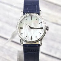 Montre automatique personnalisée en édition limitée avec un ensemble de diamants, boîtier argenté, bracelet en cuir bleu, montre de luxe haut de gamme pour homme