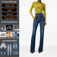 Jeans en denim classique à taille haute et coupe skinny avec logo personnalisé pour femmes, fermeture boutonnée, style streetwear pour l'été