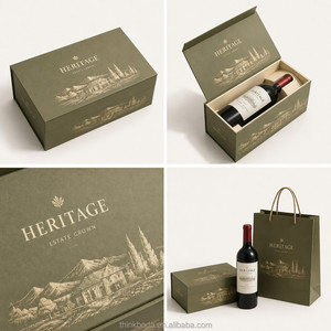 Caja de Regalo para Vino Verde Oliva Personalizada Profesional con Ilustración Dorada, Tapa con Bisagras, Inserto Moldeado, Empaque Individual para Botella - Product Image 3