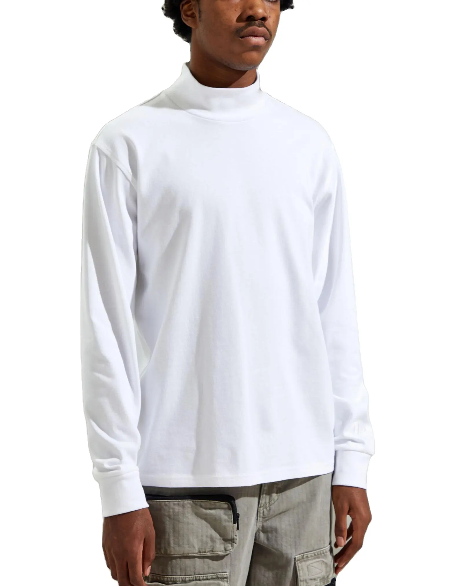 Custom heavyweight mock neck long sleeve tees shirts for men 100% cotton blank tshirt pullover