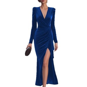 Nuovo Abito in <span class=keywords><strong>Velluto</strong></span> a <span class=keywords><strong>Maniche</strong></span> <span class=keywords><strong>Lunghe</strong></span> con Scollo a V, Colore Unito, con Dettaglio a Nodo in Vita e Spacco, per Commercio Transfrontaliero Europa e Stati Uniti - Product Image 4