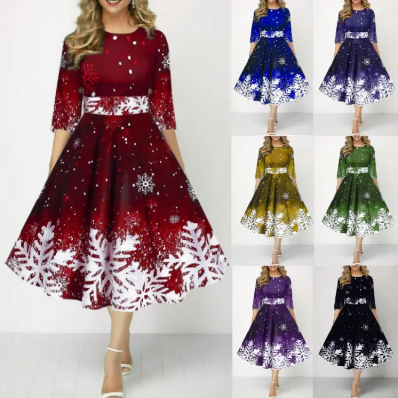 Fuyu Christmas Adult Snow Print Mittellanges Ärmel Party kleid Mode Herbst kleider für Frauen