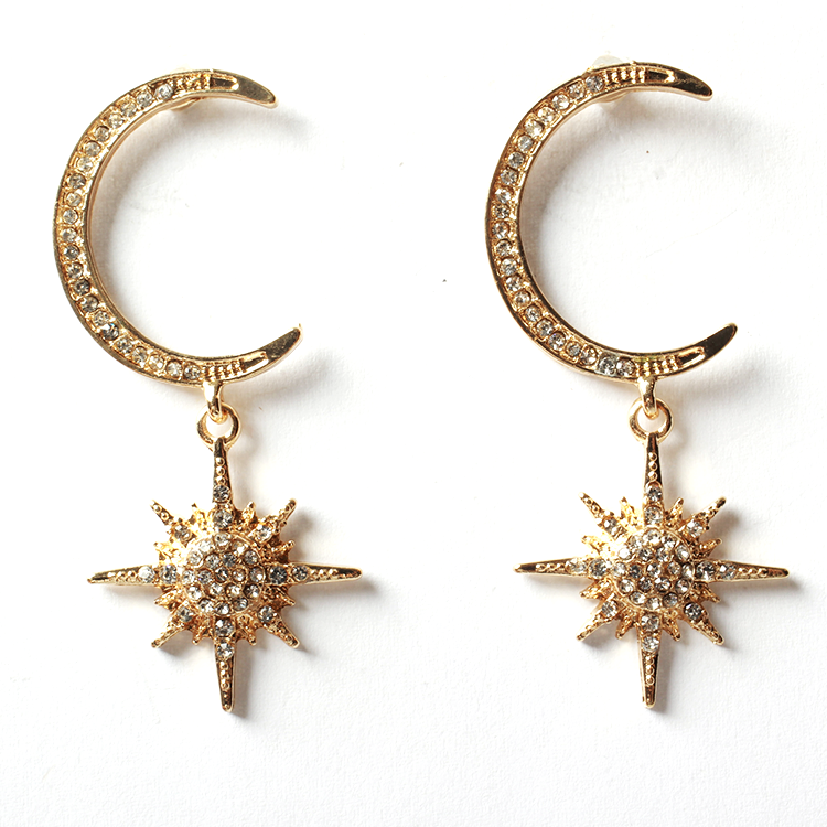 V & R de Smykker 18K oro estrella y luna de diamantes de imitación de cristal pendiente de aleación