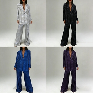 Completo da <span class=keywords><strong>donna</strong></span> personalizzato con blazer e pantaloni a gamba larga, in paillettes dorate, con collo a scialle, vestibilità oversize, due pezzi, ideale per matrimoni, feste ed eventi mondani - Product Image 3