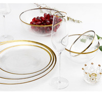 Vaisselle et verres en cristal transparent pour hôtel, restaurant, traiteur, maison, avec bordure dorée, assiette à dîner circulaire, bol à dîner