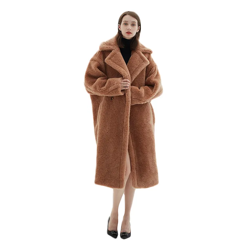 Trench-Coat chaud en laine véritable pour femme, manteau d'hiver Long en fourrure d'agneau et mouton