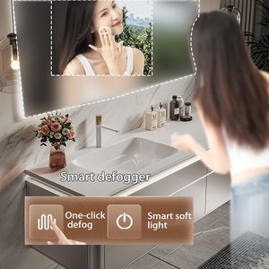 Meuble-lavabo mural <span class=keywords><strong>de</strong></span> <span class=keywords><strong>salle</strong></span> <span class=keywords><strong>de</strong></span> <span class=keywords><strong>bain</strong></span> moderne <span class=keywords><strong>de</strong></span> luxe en PVC, personnalisable en gros, avec lavabo intégré et <span class=keywords><strong>miroir</strong></span> intelligent LED anti-buée rétroéclairé - Product Image 5