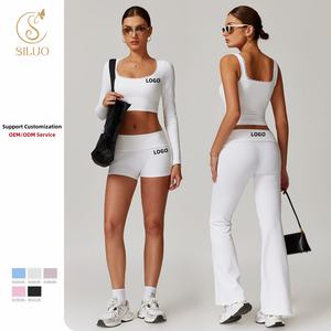 SILUO Offre Spéciale 2 pièces ensemble de vêtements de sport blanc à manches longues en dentelle col carré haut court pantalon évasé ensemble salon 2 pièces Yoga survêtement - Product Image 2