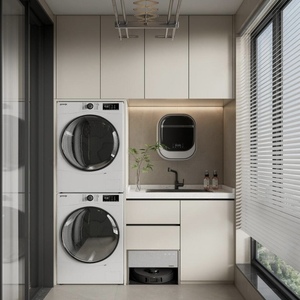 Juego de armario de <span class=keywords><strong>PVC</strong></span> de madera maciza estilo granja moderna <span class=keywords><strong>para</strong></span> lavadero muebles de baño de cerámica de diseño elegante <span class=keywords><strong>para</strong></span> <span class=keywords><strong>lavadora</strong></span> - Product Image 1