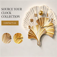 Horloge murale en forme de feuille de Ginkgo, en porcelaine cristalline, en forme d'éventail, dorée, décorative, analogique, pour le salon, la salle à manger, la décoration d'hôtel