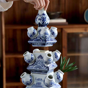 Vase de sol carré en porcelaine bleue et blanche Art Déco écologique de Jingdezhen Jiadu, multi-couches, émaillé, décoratif JDA01 - Product Image 5