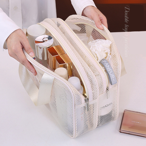 Mesh double-layer <b>toiletry</b> bag large capacity handheld makeup bag multi-functional partition travel cosmetics <b>storage</b> bag - Product Image 5