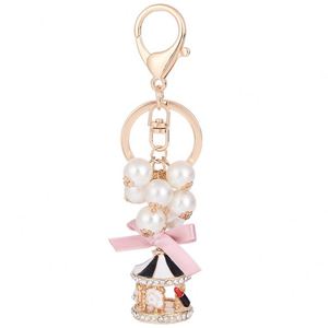 Dainty Pearl Girls Carousel Keychain Rhinestone Merry Go Bag Hanging Accessory Crystal Material Silk Screen Printing for Gifts - Product Image 6
