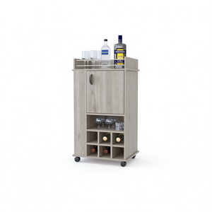 Carrito de Bar Gris Claro con Puerta Individual y Seis Compartimentos para Botellas de Vino, Almacenamiento de Vino Portátil para el Hogar, Diseño Moderno en Madera - Product Image 1
