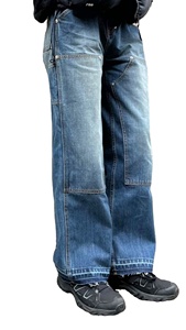 Jeans Cargo da Uomo YAXI in Cotone Intrecciato con Bottoni, Lavaggio Vintage, Doppia Ginocchiera, Stile Carpenter - Produttore Personalizzato - Product Image 4