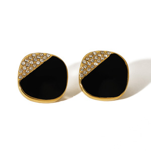 Geometric Rhinestone <b>Stud</b> <b>Earrings</b> <b>Black</b> Gold Plated 18K Stainless Steel Bezel Setting For Women Fashion Jewelry - Product Image 5