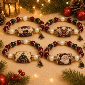 Santa Claus Crystal Pearl <b>Beaded</b> <b>Bracelet</b> with Tube Pine Tree Pendant Alloy Unisex Christmas Gift - Product Image 4