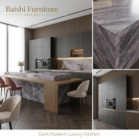 Meubles de cuisine modulaires modernes noirs avec évier, comptoir en bois massif et verre, robinet inclus, îlots, solution complète pour