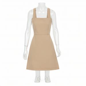 Beige Square Neck Spaghetti <b>Strap</b> Mini <b>Dress</b> Sleeveless Fitted A-Line Solid Color Casual Summer <b>Dress</b> - Product Image 4