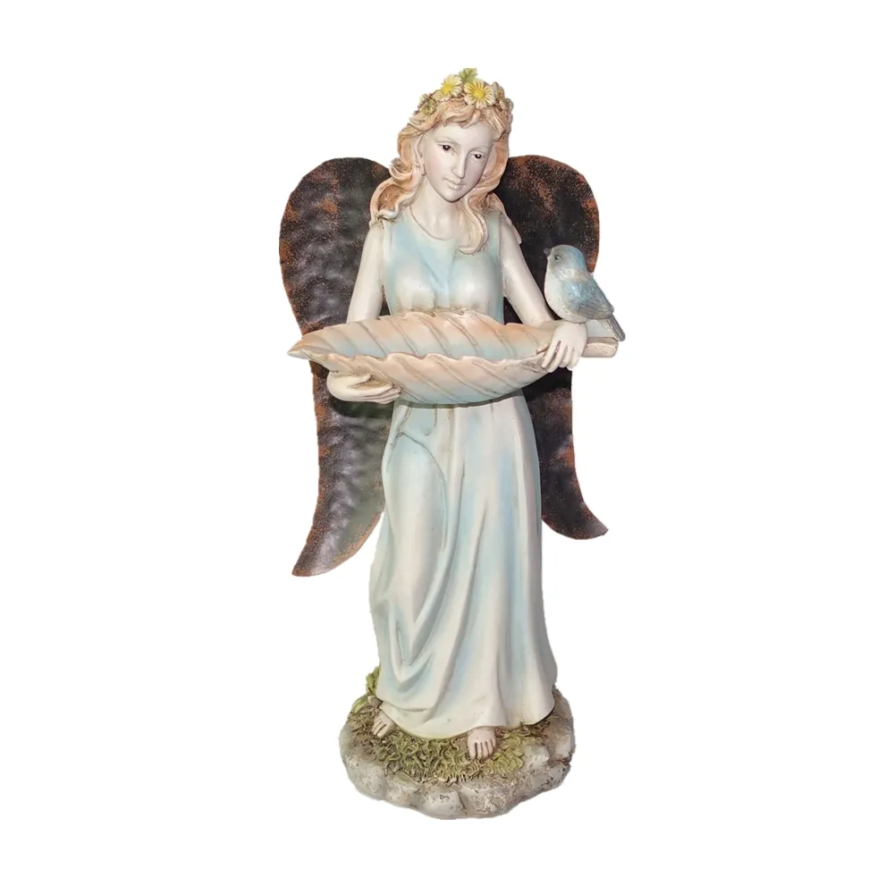 คริสต์มาสตกแต่งเรซิ่น Angel ปีกโลหะ Angel รูปปั้นขายสวน Polyresin Angel Figurines ตกแต่ง