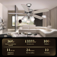 Ventilateur de plafond décoratif classique rétro à 5 pales avec lumière, finition nickel patiné, à chaîne, pour salon et bureau