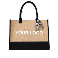 Sac fourre-tout personnalisé en toile de jute et chanvre, brodé, avec corde en coton, idéal pour la plage, vente en gros