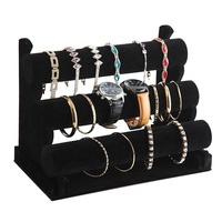Support de Présentation de Luxe 3 Niveaux en Velours et Cuir PU Noir, Gris, Rouge pour Bijoux, Bracelets et Montres