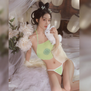 Un ensemble de lingerie de style ancien, délicat et élégant, mettant en scène un uniforme de lapin en jade, qui dégage passion et romance. - Product Image 3