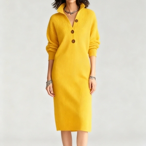 Robes pull mi-longues en maille décontractées pour femme, coupe droite ample, col boutonné, collection automne, tendance - Product Image 1