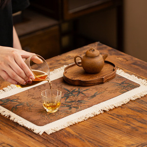 Tapete de té de brocado de lino y algodón con borde de borlas, 30x45cm, lavable, aislante del calor, para ceremonia del té - Product Image 3