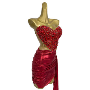 性感红色水钻束身裙2件套套装派对庆典表演舞台表演舞蹈服装女夜总会装 - Product Image 2