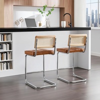 Chaise de bar moderne à dossier bas, tabouret de comptoir en simili cuir avec dossier en rotin naturel et cadre luge en acier chromé