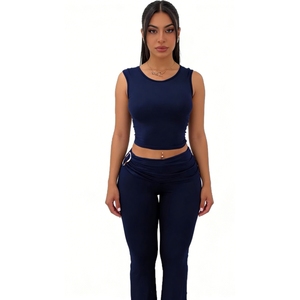 Women's Crop Top Pants <b>Set</b> Casual 2 Piece Solid Color Sleeveless V-neck Eco-Friendly Breathable Spandex/Polyester Sports Fashion - Product Image 3