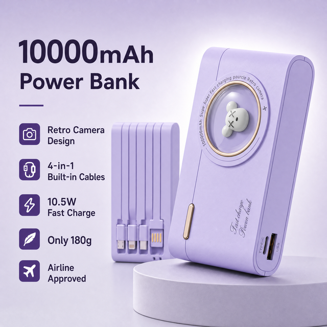 Creative Camera-Shaped Power Bank 10000mAh Built-in USB-C/Li/Micro-USB Cables Fast Charge ODM/ODM Wholesale Source Factory B2B
