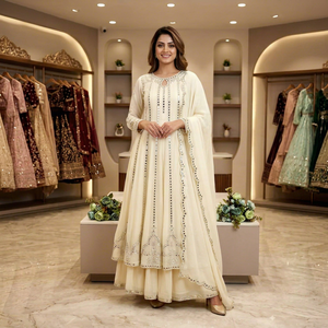 Ensemble indien pakistanais brodé de sequins crème pour femmes, Salwar Kameez Anarkali Palazzo, tenue de mariage, vêtements de fête, Georgette - Product Image 1