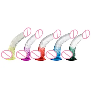 Vendita calda trasparente due colori pene di cristallo con forma curva e morbida per le donne masturbarsi dildo divertimento giocattolo per adulti