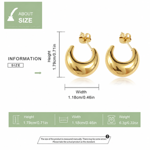 Pendientes de luna creciente gruesos, de acero inoxidable con baño de oro de 14K al vacío, estilo escultórico - Product Image 2