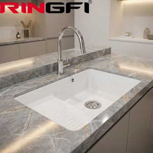 Lavabo Rettangolare in Ceramica Bianca da Incasso, Lavandino Profondo per Bagno, Lavabo Integrato per Balcone - Product Image 1