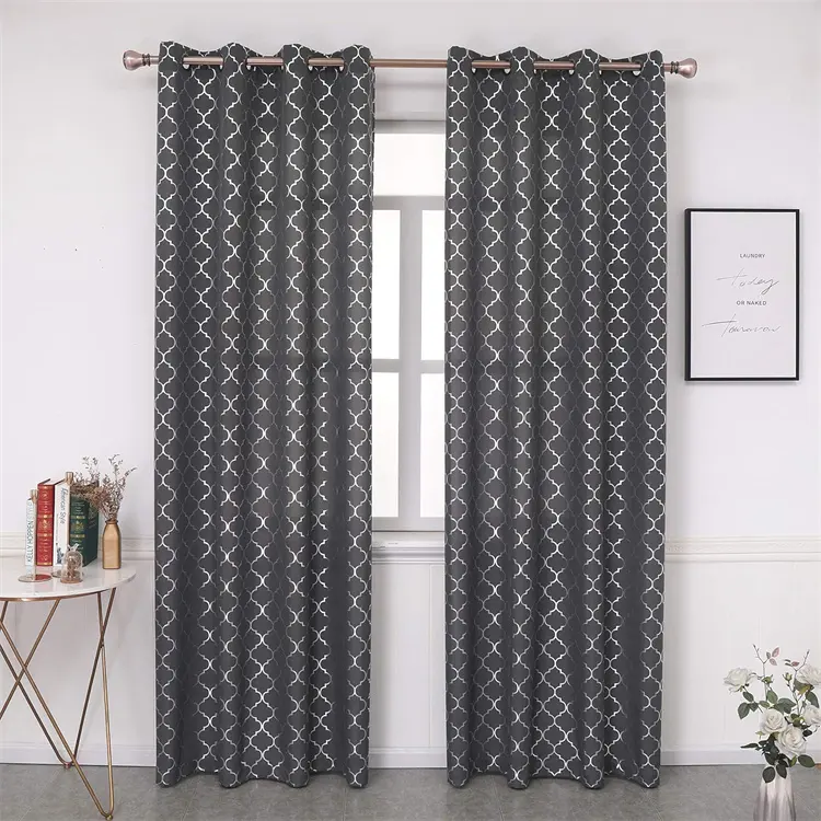 Metallic Light Blocking Curtain Texture Geometry Lattice Window Curtains Moroccan Print Silver Curtains for Bedroom Living Room