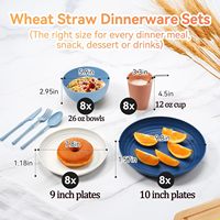 Service de vaisselle 64 pièces en paille de blé incassable, réutilisable, compatible lave-vaisselle, motif rayé - Assiettes à dîner/pain/dessert et tasses