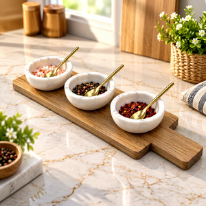 CCI 18 Inch White Marble Kitchen Condiment Holder With Brass Spoon And Wooden Base Elegant Natural Stone <b>Spice</b> <b>Storage</b> Set - Product Image 1