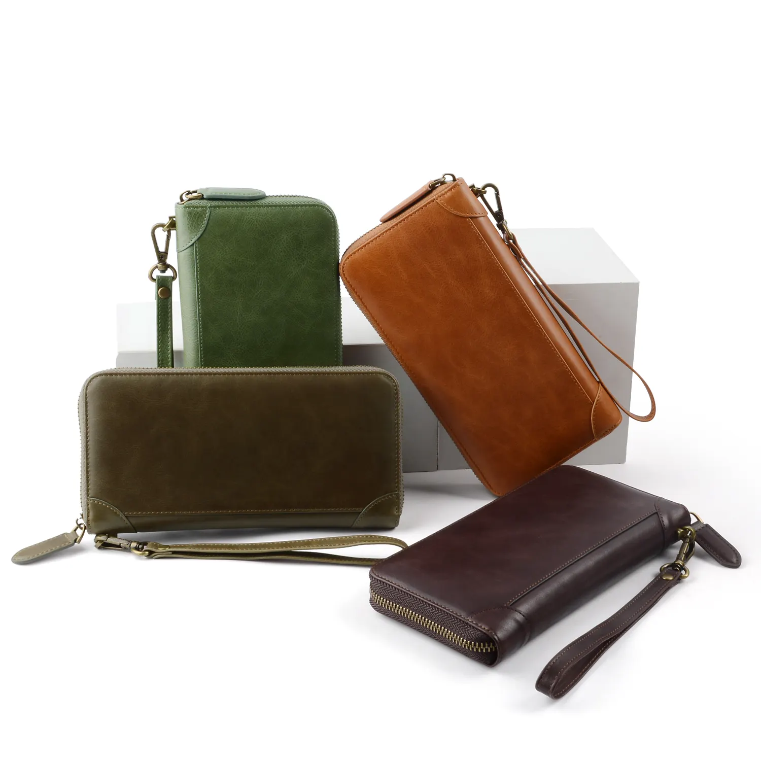 Green Vintage RFID Long Genuine Leather Wallet with card holder Zipper Wallet with Detachable Wrist Strap