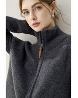 Maßgefertigte Kaschmir-Strickjacke für Damen mit Hohem Kragen, Doppelreißverschluss, Verdickt, Locker Geschnittener Strickpullover-Mantel, Vielseitiges Oberteil