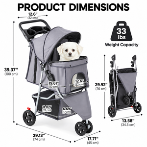Poussette pliable pour animaux de compagnie, pliage à une main, légère, 3 roues, réglable, portable, pour chiens et chats, avec rangement - Product Image 6