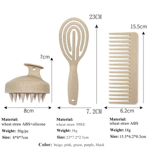 Juego de 3 cepillos desenredantes ecológicos de paja de trigo, cepillo masajeador para el cuero cabelludo, cepillo para champú, peine de dientes anchos, cepillo para cabello húmedo y seco. - Product Image 2